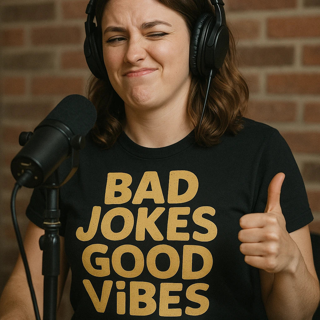 A person wearing headphones and a black shirt with the text "BAD JOKES GOOD VIBES" gives a thumbs-up while sitting in front of a microphone. They have a winking expression, and there is a brick wall in the background.