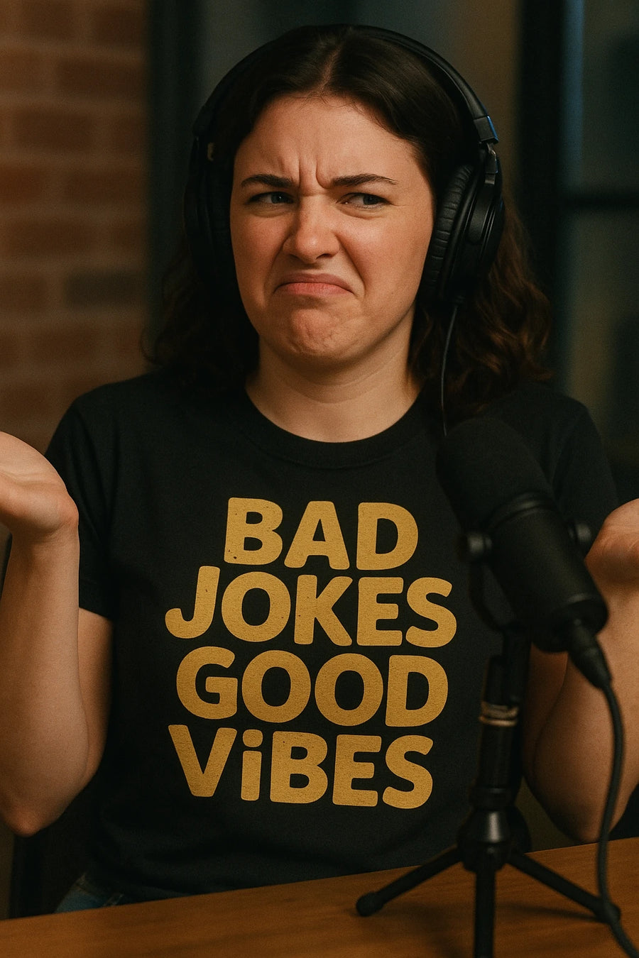 A person with headphones is sitting in front of a microphone, shrugging with a humorous expression. They are wearing a black t-shirt with the text "BAD JOKES GOOD VIBES" printed in large yellow letters.