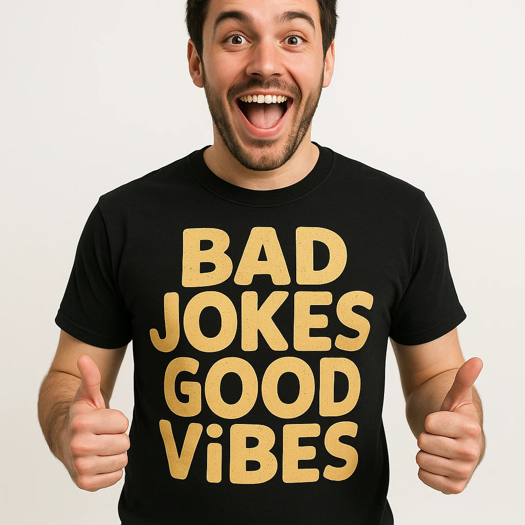 A person with a beard and short dark hair, smiling widely and giving two thumbs up. They are wearing a black t-shirt with bold yellow text. The background is plain white.