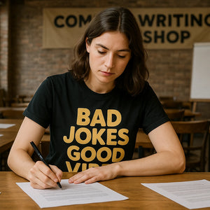 Lifestyle shot of the "Bad Jokes Good Vibes" black comedy t shirt in a real-world setting