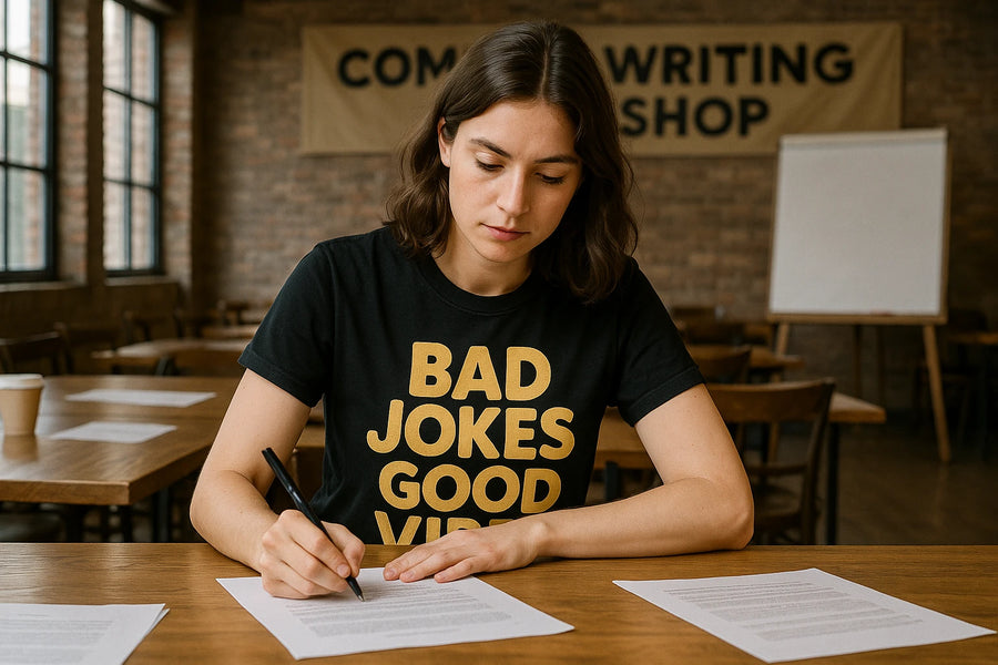 A person with shoulder-length brown hair is sitting at a wooden table, focused on writing on a sheet of paper. They are wearing a black t-shirt with the text "BAD JOKES GOOD VIBES" in large yellow letters. The setting appears to be a classroom or workshop with a sign in the background reading "COMEDY WRITING SHOP," and there are large windows, brick walls, and a flipchart visible.