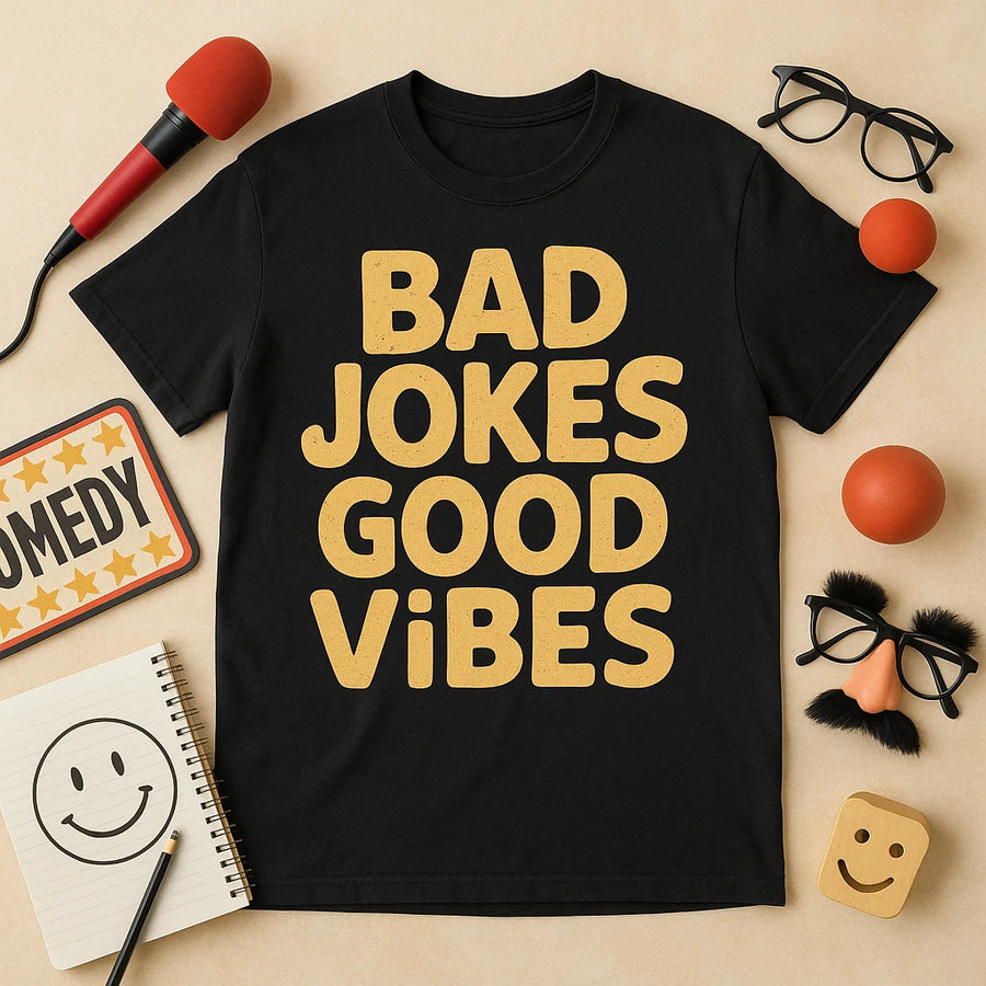 A flat lay image featuring a black T-shirt with large, bold yellow text that reads "BAD JOKES GOOD VIBES." Surrounding the shirt are various comedy-themed items, including a red microphone, glasses, fake nose and mustache, juggling balls, a notepad with a smiling face drawn on it, and a small "COMEDY" sign with stars.