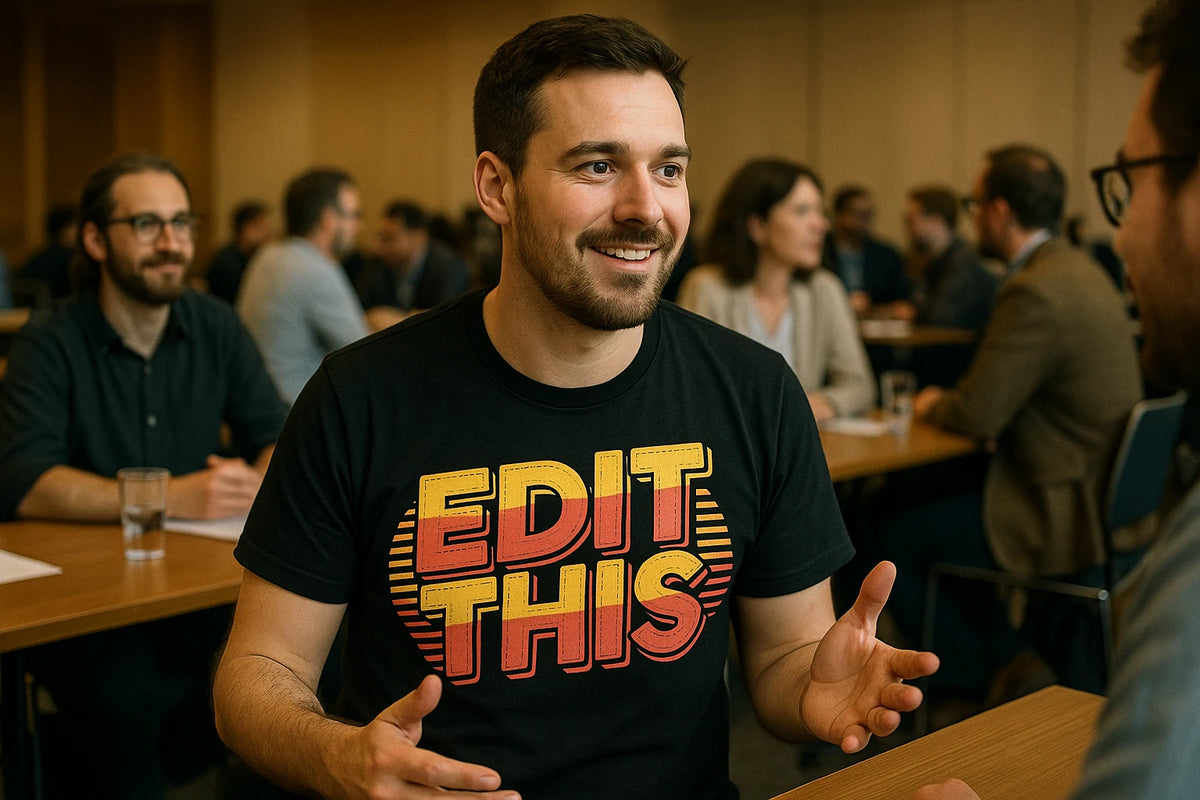 Lifestyle shot of the "Edit This" black journalist t shirt in a real-world setting