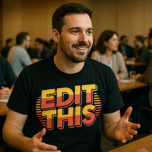 Lifestyle shot of the "Edit This" black journalist t shirt in a real-world setting