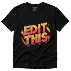 Black Journalist T Shirt - "Edit This" graphic tee with orange print, flat lay product photo