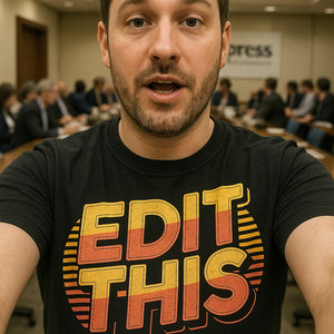 "Edit This" black journalist t shirt, photographed as journalist lover gift