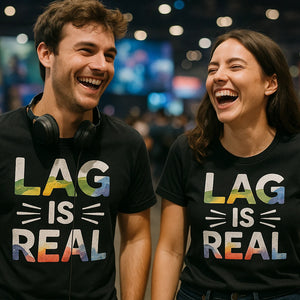 Person wearing the black video game shirts graphic tee - "Lag Is Real" design