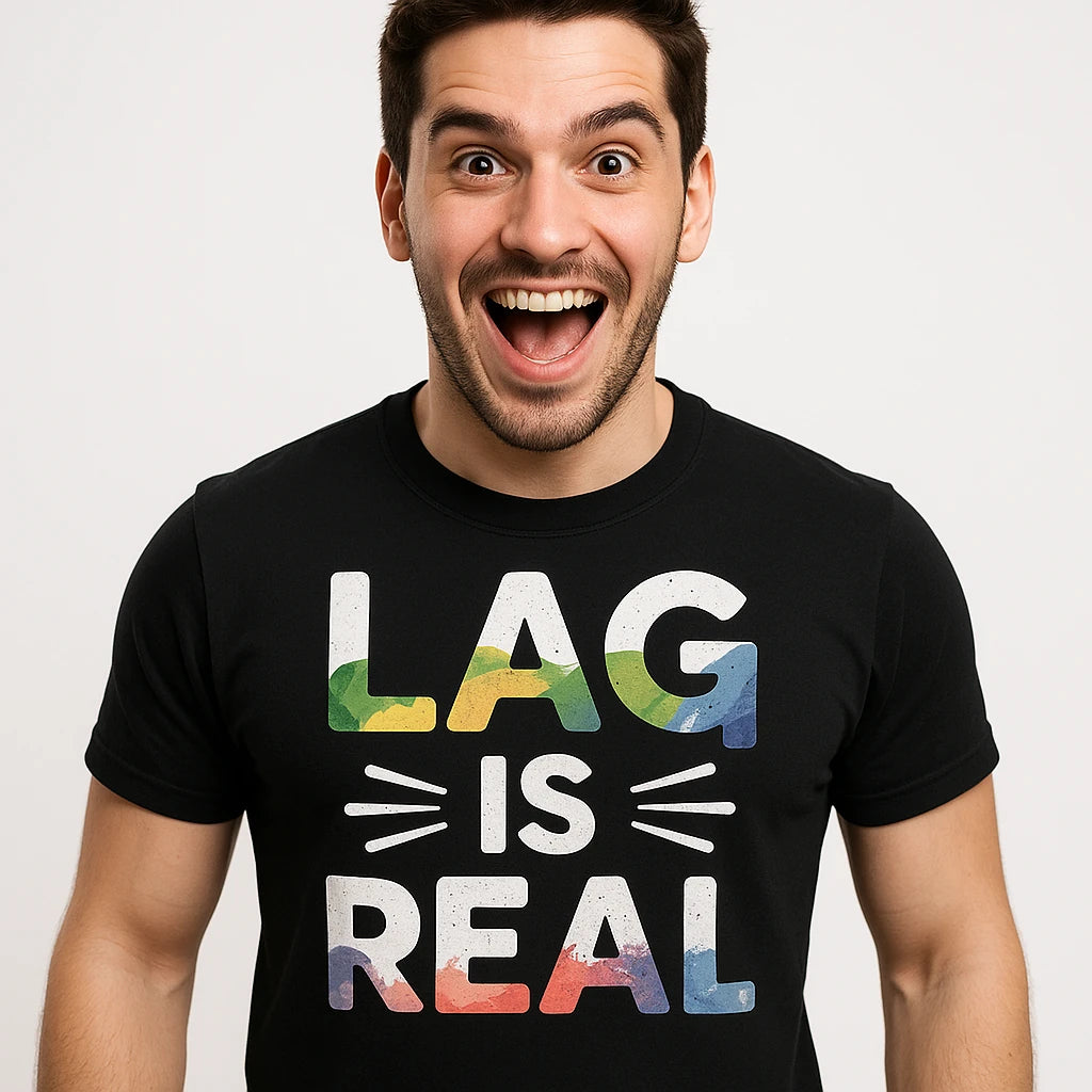Close-up of the "Lag Is Real" white print on a premium Bella+Canvas black video game shirts