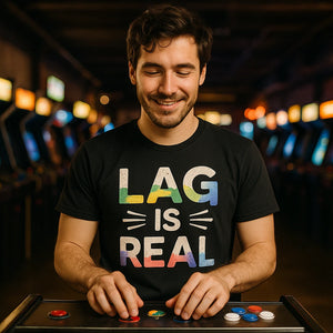 Lifestyle shot of the "Lag Is Real" black video game shirts in a real-world setting