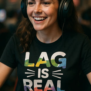 "Lag Is Real" black video game shirts, photographed as gifts for the video game lover