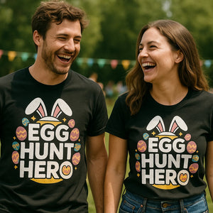 Person wearing the black womens easter shirts graphic tee - "Egg Hunt Hero" design