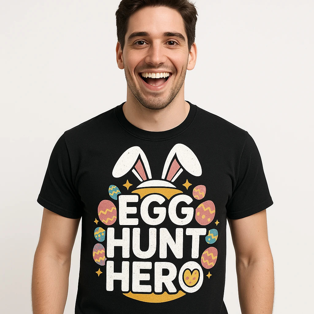 Close-up of the "Egg Hunt Hero" white print on a premium Bella+Canvas black womens easter shirts