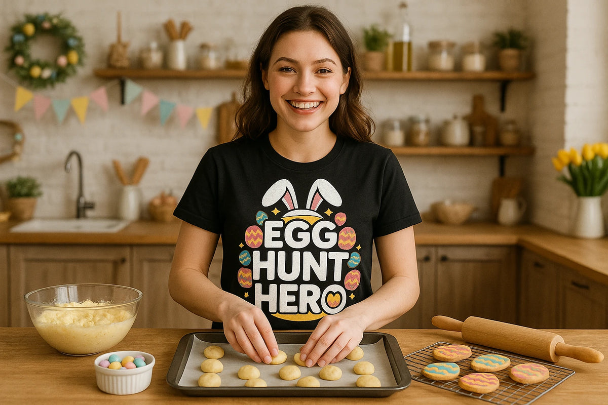Lifestyle shot of the "Egg Hunt Hero" black womens easter shirts in a real-world setting