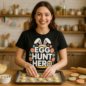 Lifestyle shot of the "Egg Hunt Hero" black womens easter shirts in a real-world setting
