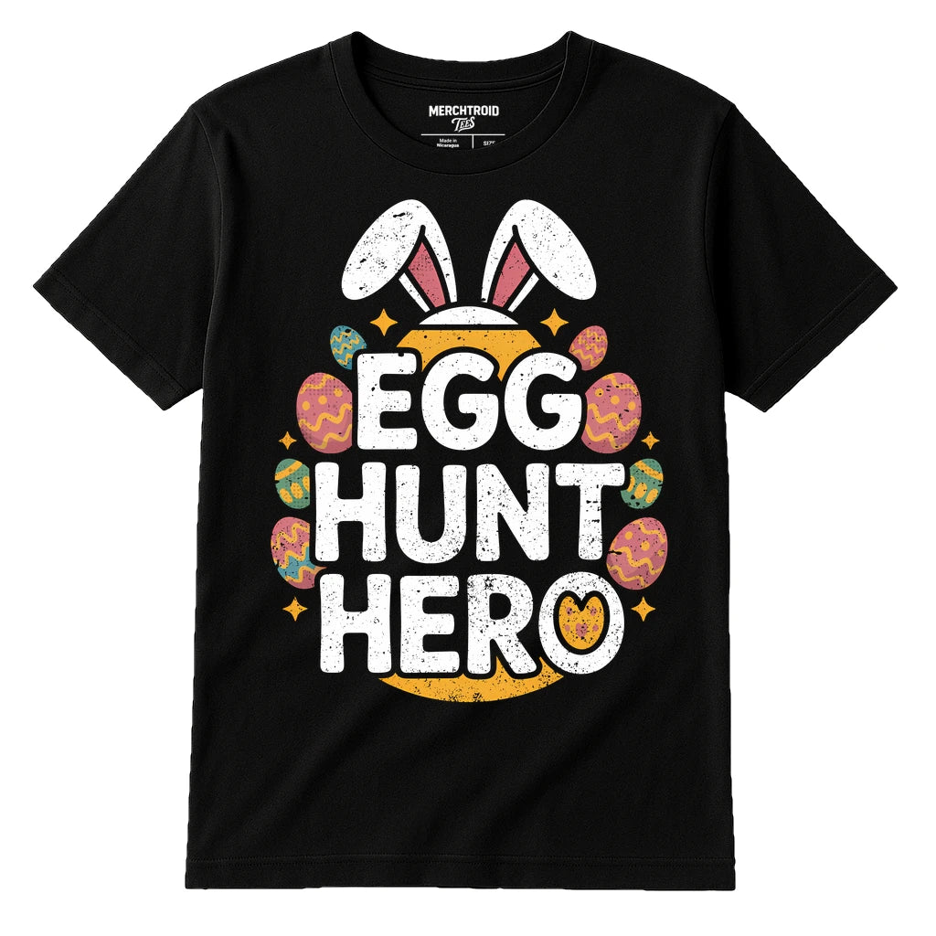 Black Womens Easter Shirts - "Egg Hunt Hero" graphic tee with white print, flat lay product photo