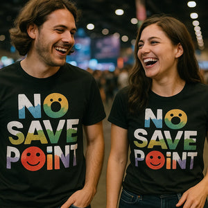 Person wearing the black video game t shirt graphic tee - "No Save Point" design