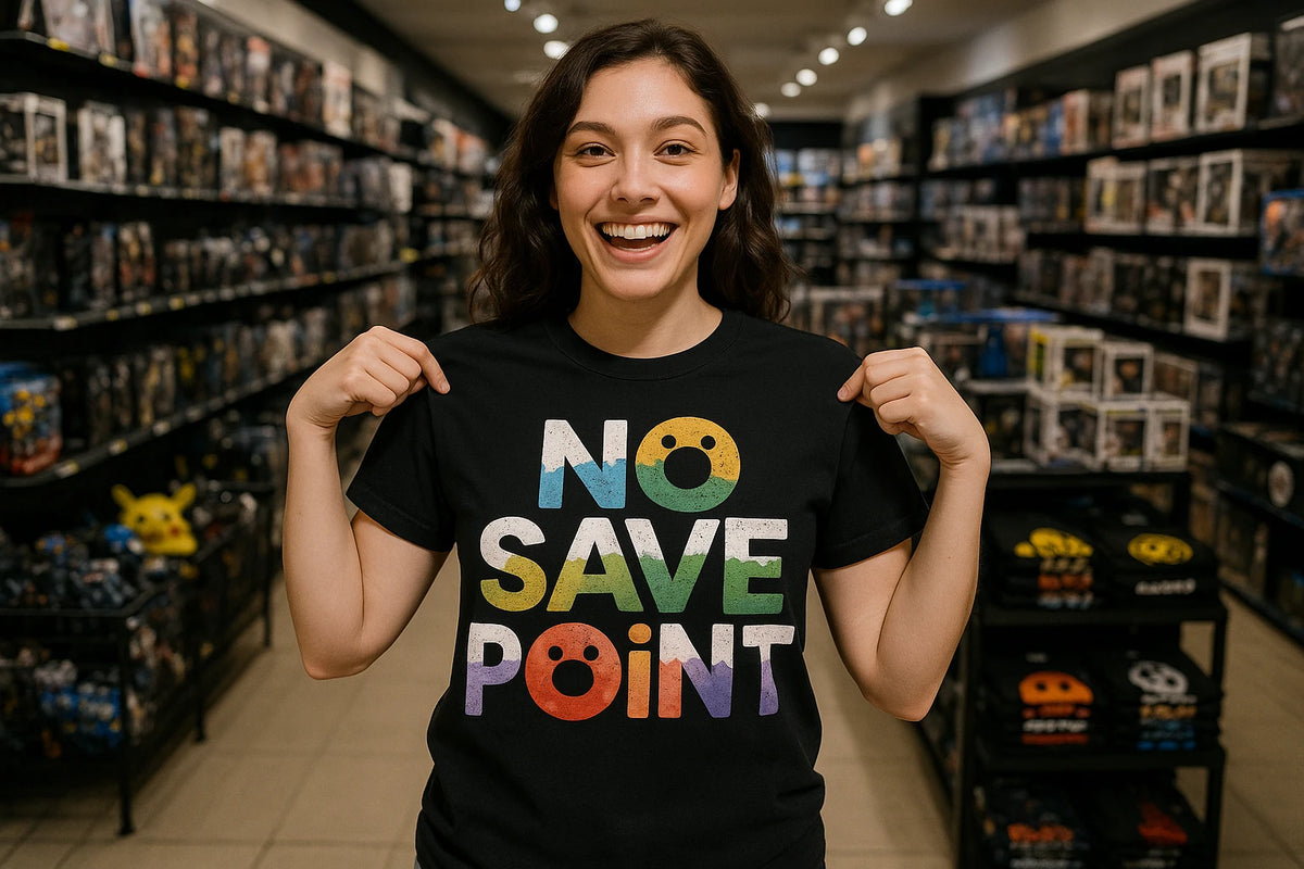 Lifestyle shot of the "No Save Point" black video game t shirt in a real-world setting
