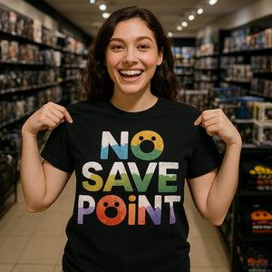 Lifestyle shot of the "No Save Point" black video game t shirt in a real-world setting