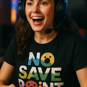 "No Save Point" black video game t shirt, photographed as gifts for the video game lover