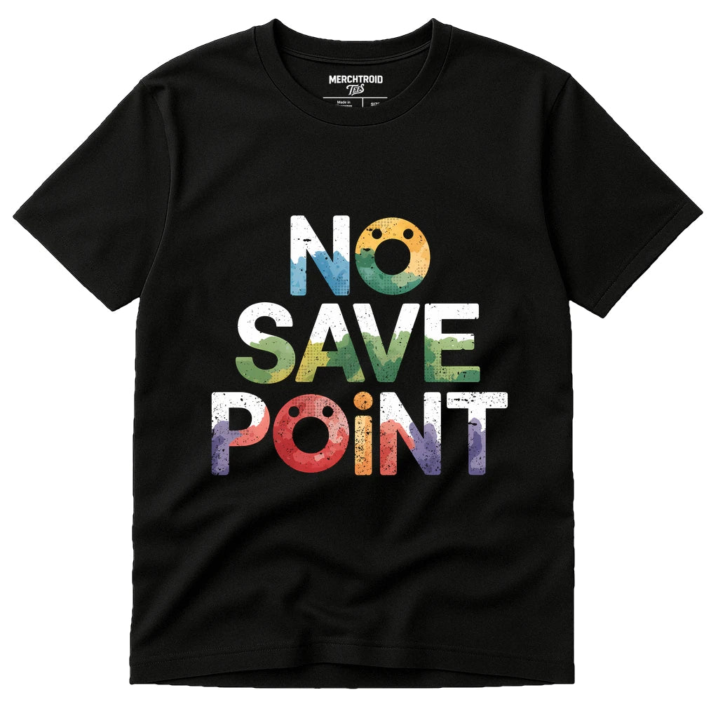 Black Video Game T Shirt - "No Save Point" graphic tee with gray print, flat lay product photo