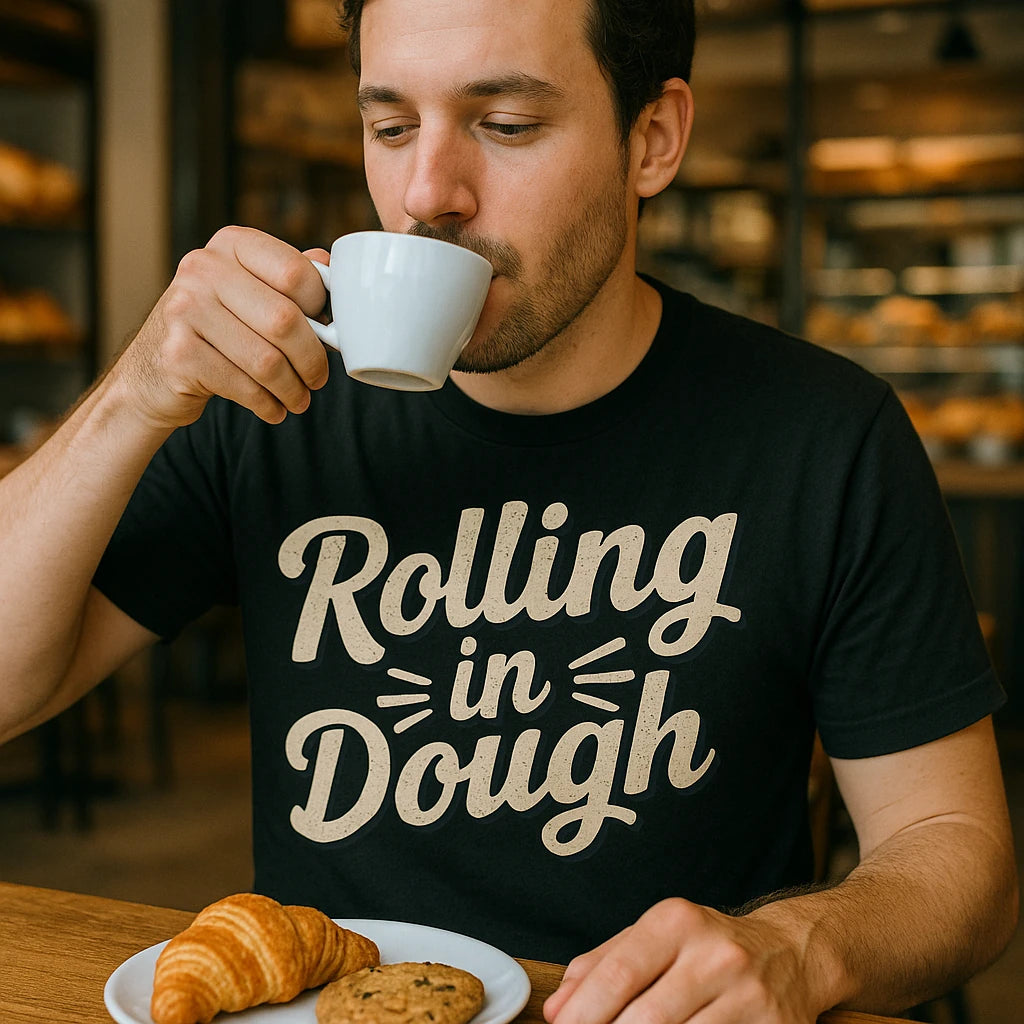 "Rolling in Dough" black baker shirts - also one of the gifts for bakers and cooks