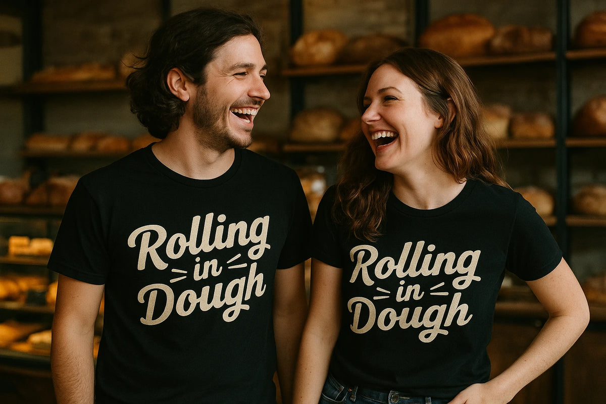 Person wearing the black baker shirts graphic tee - "Rolling in Dough" design