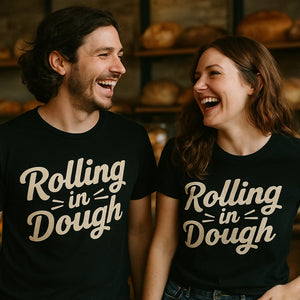 Person wearing the black baker shirts graphic tee - "Rolling in Dough" design