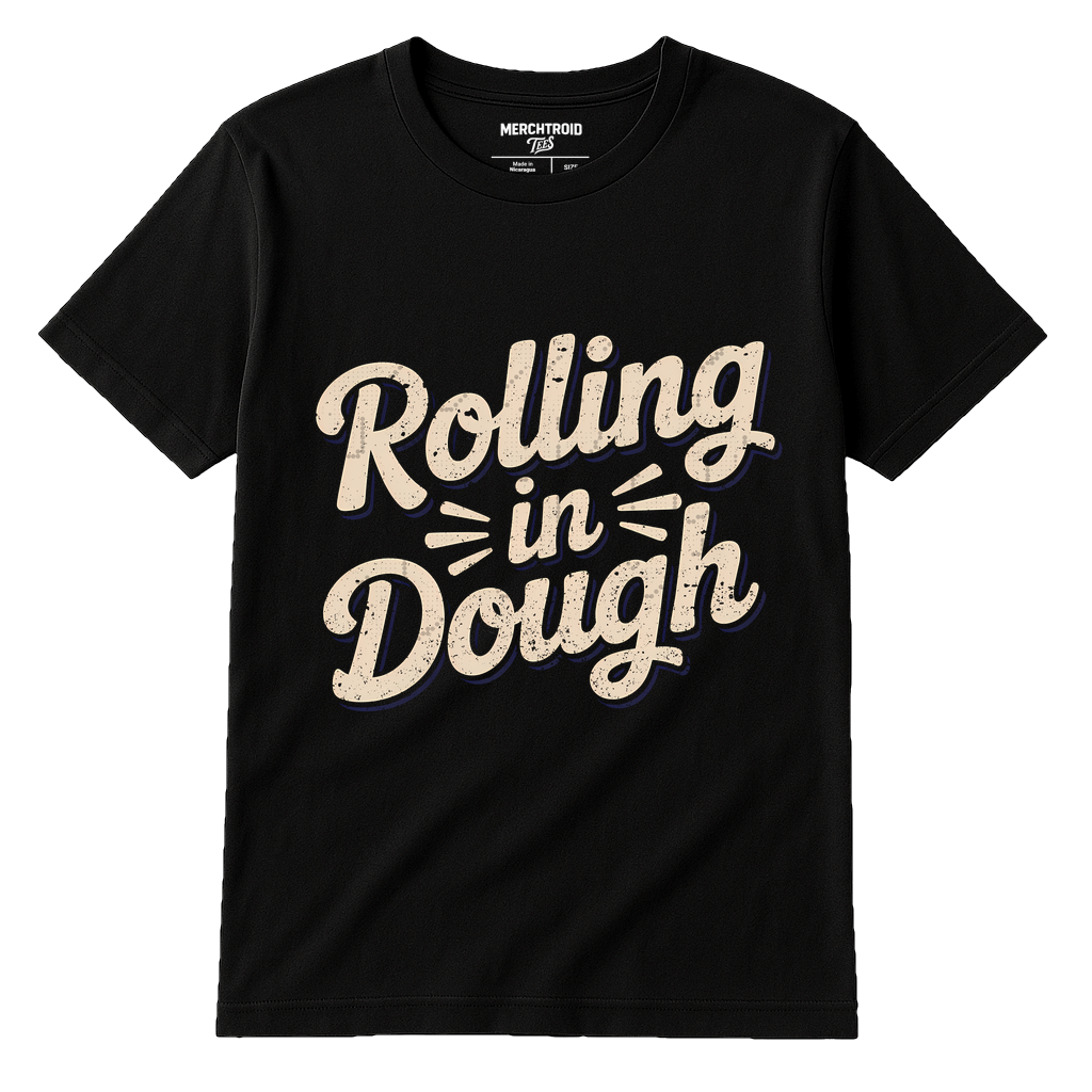 Black Baker Shirts - "Rolling in Dough" graphic tee with beige print, flat lay product photo