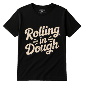 Black Baker Shirts - "Rolling in Dough" graphic tee with beige print, flat lay product photo