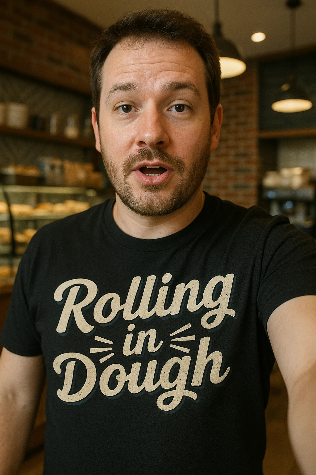 "Rolling in Dough" black baker shirts - also a bakery gift baskets