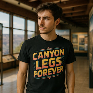 Lifestyle shot of the "Canyon Legs Forever" black the grand canyon t shirt in a real-world setting