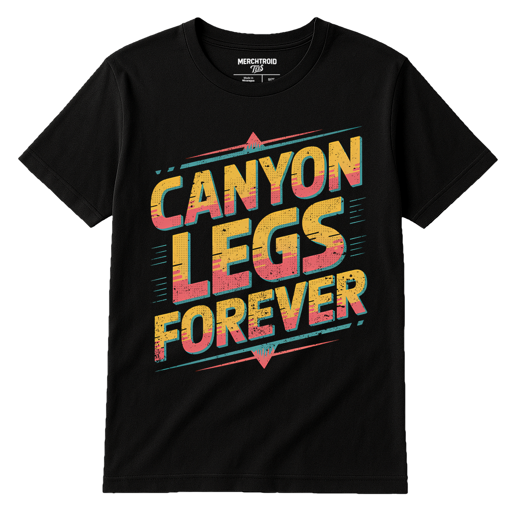 Black The Grand Canyon T Shirt - "Canyon Legs Forever" graphic tee with gold print, flat lay product photo