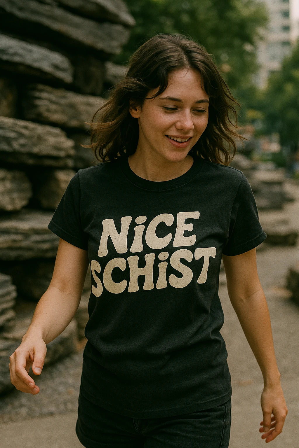 "Nice Schist" black geology rocks t shirt, photographed as gifts for geology lovers