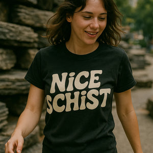 "Nice Schist" black geology rocks t shirt, photographed as gifts for geology lovers