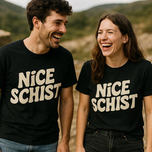 Person wearing the black geology rocks t shirt graphic tee - "Nice Schist" design