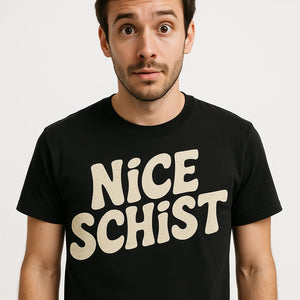 Close-up of the "Nice Schist" beige print on a premium Bella+Canvas black geology rocks t shirt