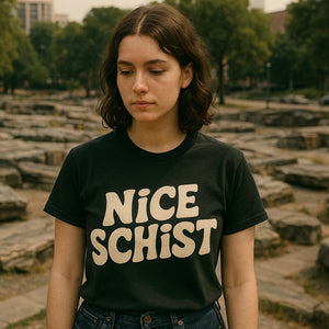 Lifestyle shot of the "Nice Schist" black geology rocks t shirt in a real-world setting