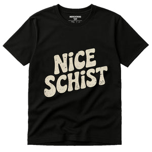 Black Geology Rocks T Shirt - "Nice Schist" graphic tee with beige print, flat lay product photo