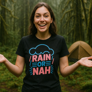 Lifestyle shot of the "Rain Or Nah" black rain bow t shirt in a real-world setting