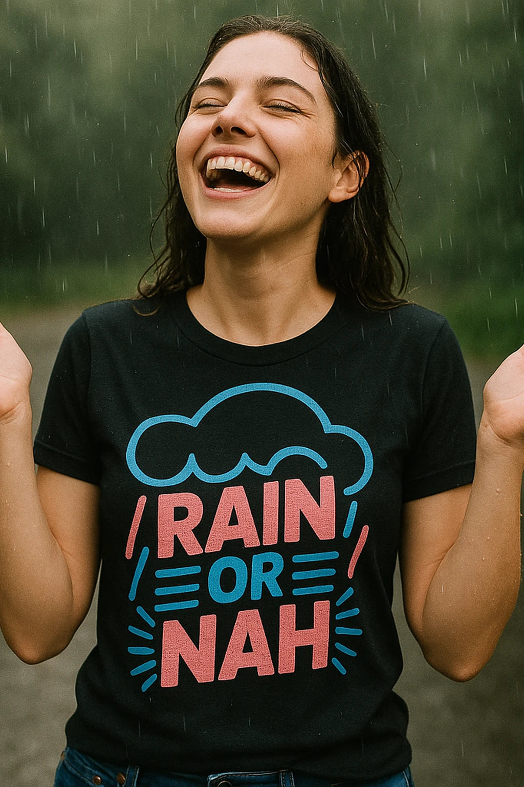 "Rain Or Nah" black rain bow t shirt, photographed as gifts for rain lovers