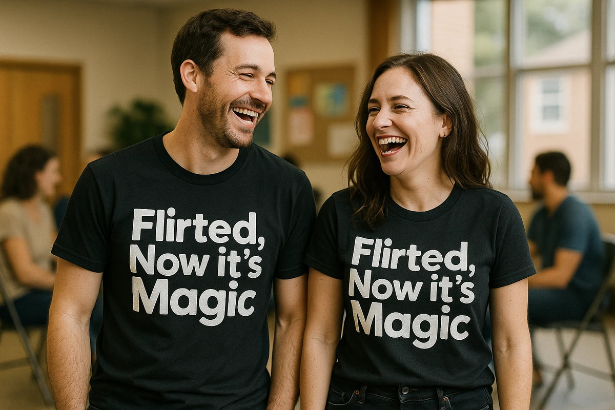 Person wearing the black relationships shirts graphic tee - "Flirted, Now It’S Magic" design