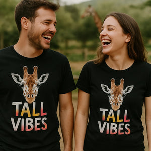Person wearing the black giraffe shirts graphic tee - "Tall Vibes" design