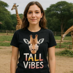 Lifestyle shot of the "Tall Vibes" black giraffe shirts in a real-world setting