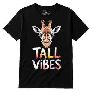 Black Giraffe Shirts - "Tall Vibes" graphic tee with cream print, flat lay product photo