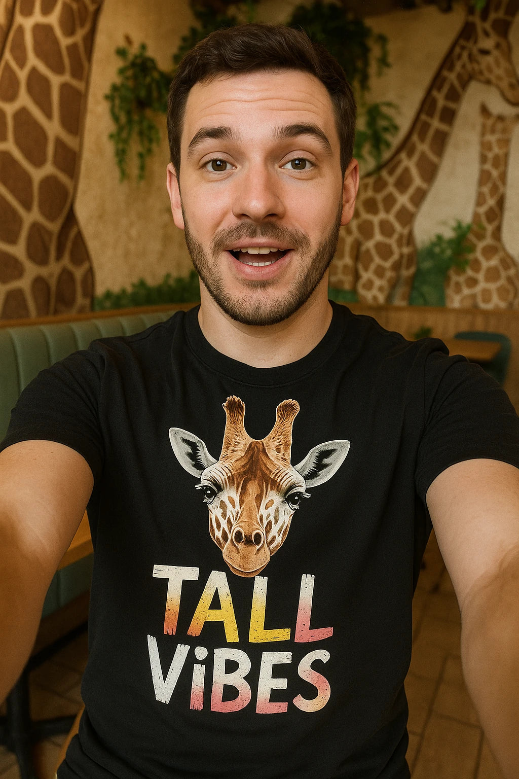 "Tall Vibes" black giraffe shirts, photographed as unique gifts for giraffe lovers
