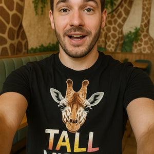 "Tall Vibes" black giraffe shirts, photographed as unique gifts for giraffe lovers