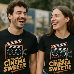 Person wearing the black film director t shirt graphic tee - "Its Called Cinema Sweetie" design