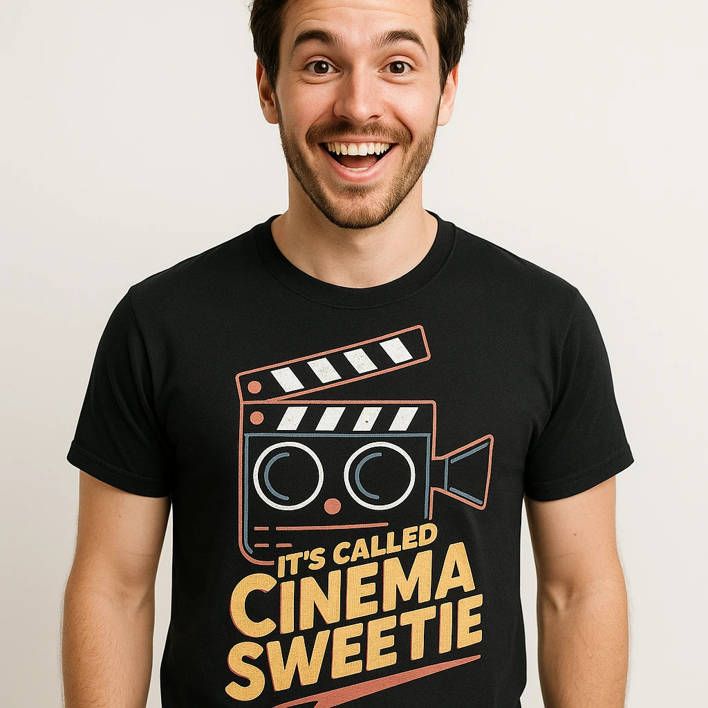 Close-up of the "Its Called Cinema Sweetie" gold print on a premium Bella+Canvas black film director t shirt