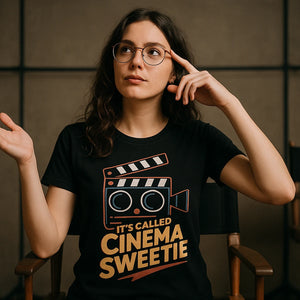 Lifestyle shot of the "Its Called Cinema Sweetie" black film director t shirt in a real-world setting