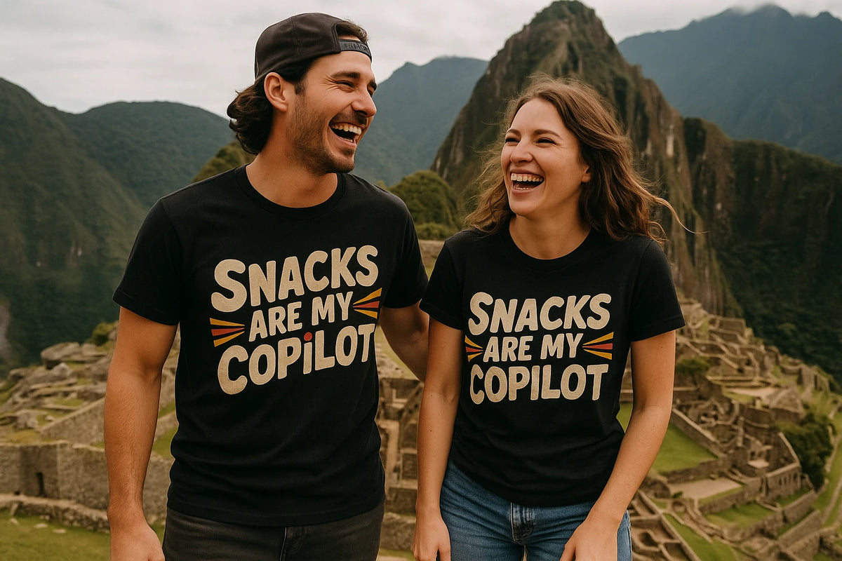 Person wearing the black adventure t shirt graphic tee - "Snacks Are My Copilot" design